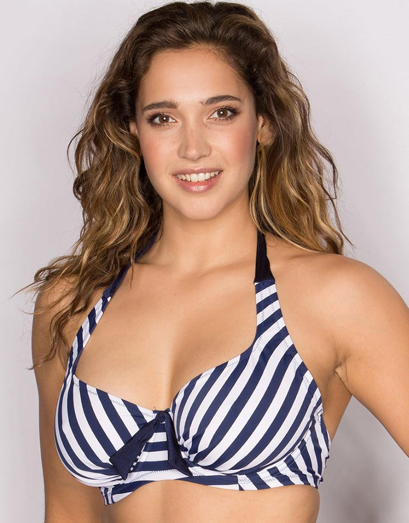 Get Ready for Summer with the Adorable Blue and White Banana Moon Halter <a href='/bikini/'>Bikini</a> Top - 2 Sides to Wear!