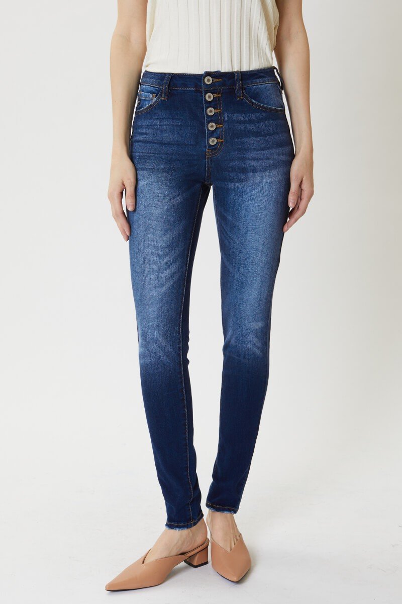 Get the Perfect Fit with Betty High Rise Button Fly Super Skinny <a href='/jeans/'>Jeans</a> - Available in Sizes 7-15 and a Cotton Blend Material!