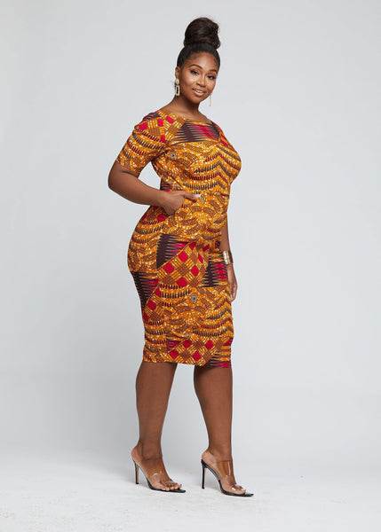 African Office Dress Midi Yellow| African Clothing for Ladies | Office Wear danddclothing