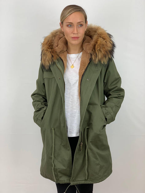 Mens Real Look Faux Fur Collar Parka Jacket with Red Lining 3/4  Bobbi Parka