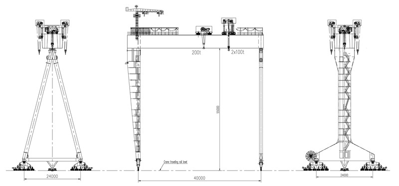 Description: With the development of large-scale shipbuilding, shipbuilding gantry crane is the rapid growth of demand. Compared with the traditional portal crane, large shipbuilding gantry crane has the obvious advantage of the installation and transportation and turn over of hull sections during ship building. It spans the dock (berth), can provide on-site assembly service at the coverage plane in the dock, not only has the lifting, horizontal transport function, but also can implement hull air turnover, adjusting the fragment to the welding position of ship required.  Shipbuilding gantry steel metal structure part mainly contains the main beam, rigid legs, flexible legs, ground beam ,railing, cab,hoist trolley etc. Crane main beam adopts double beam structure, on the panel of the two main beam, there are 4 rails which is used for trolley traveling. One set crane has two main hook, running on a track on the bridge flange, in order to turn and lifting large hull blocks. In order to light the dead weight, rigid legs adopt box type; flexible legs adopt herringbone frame structure, composed by the joint, two pipes, under the joint. Crane power supply adopt cable drum. Trolley adopt suspension cable pulley device, set on the top surface of the two main beams.  Product Features: 1.It have multiple functions of single hanging, hoisting, turnover in the air, slight horizontal turnover in the air and so on; 2.The gantry falls into two categories: single girder and double girder. To rationally utilize materials, the girder adopts optimum design of variable section; 3.The gantry rigid legs with a single column and double column type for customer choice. 4. Both the upper trolley and the lower trolley can cross each other for operation; 5. All the lifting mechanism and travelling mechanism adopts frequency conversion speed regulating; 6. On the top of the girder at the side of rigid leg is equipped a jib crane to accomplish maintenance of upper and lower trolley; 7.In order to prevent the storm attack, such safe and reliable anti-wind devices as rail clamp and ground anchor are equipped.  Painting The shipbuilding gantry crane shall use the zinc epoxy painting system. They paint could guarantee a minimum paint life of minimum 5 years against cracks, rusty, peeling and discolourtion.  Every surface of metal have surface cleaning according to standard sis st3 or sa2.5. Then they are  painted with one coat of epoxy zinc rich primer with dry film thickness of 15 microns. The primer coat - shall be painted with one coat epoxy zinc rich primer, dry film thickness of 70 microns. The intermediate paint shall be painted with one coat epoxy micaceous iron oxide, dry film thickness of 100 microns.The finish coat shall be painted with two coats, poly urethane, the thickness of each coat is 50 microns.The total dry film thickness shall be not less than 285 microns.  Crane Management System (CMS) The crane management system shall be full computerised operation, complete with sensors and transducers which shall be installed permanently on each crane and work in conjunction with the plc. provide with the monitor to monitoring diagnostics of crane, telling the data collection on the crane’s operating system, operated jointly with the device at least including the electrical power supply device, motor controls, operator control, motor, gear reducers and etc., such programme shall be flexible  enough to change or modify by the operator at later stage.  Having following function. 1.Condition Monitoring 2.Fault Diagnosis 3.Store the record and display system Preventive maintenance   Outline Drawing: