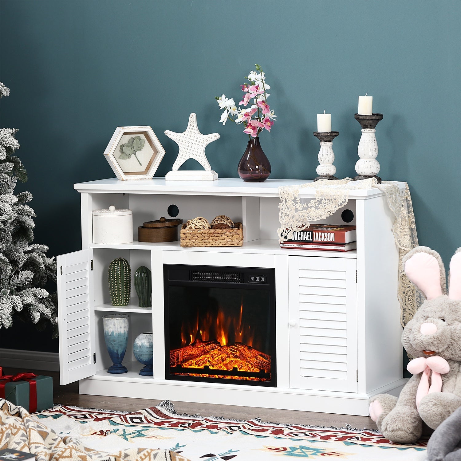 Contemporary Style Living Room with White Electric Fireplace Tv Stand, and Solid Wood Material. Fireplace, White Electric Fireplace Tv Stand | wibiworks.com