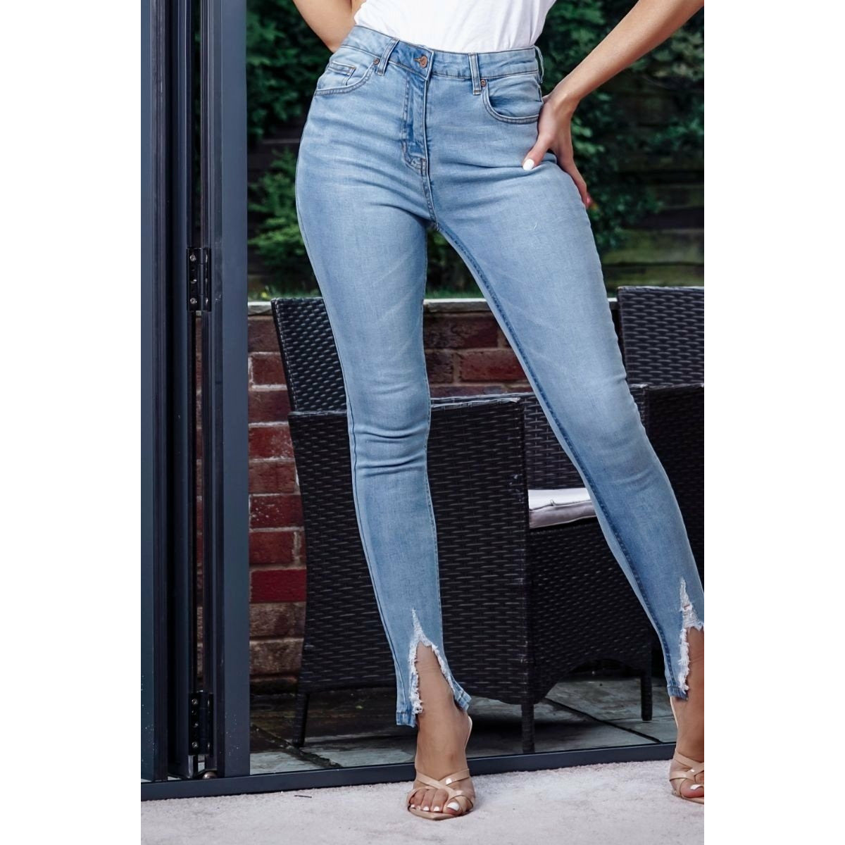 PinkBlush Light Blue Distressed Shredded Hem Maternity Jeans