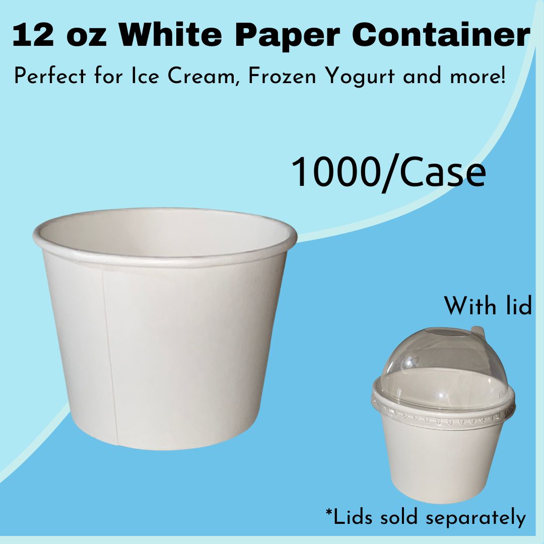 12 oz White Ice Cream/Froyo/Soup Paper Cups/Containers/Bowls (1000/Cs) Cups and Straws