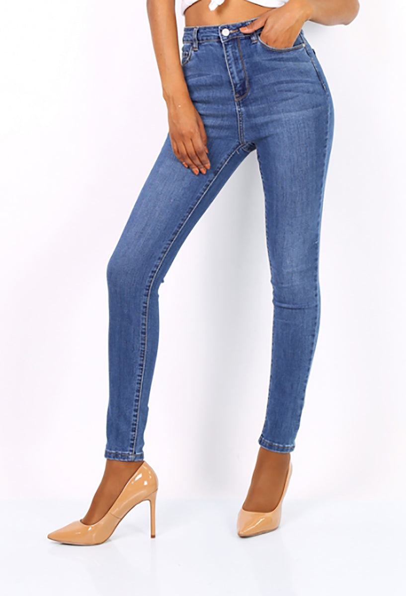 High Waisted Ripped One Button Blue Jeans - High Rise Distressed Skinny Jeans