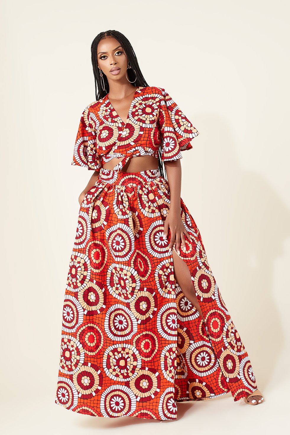Ankara Maxi skirt <a href='/african-print/'>African Print</a> skirt Orange High Waist