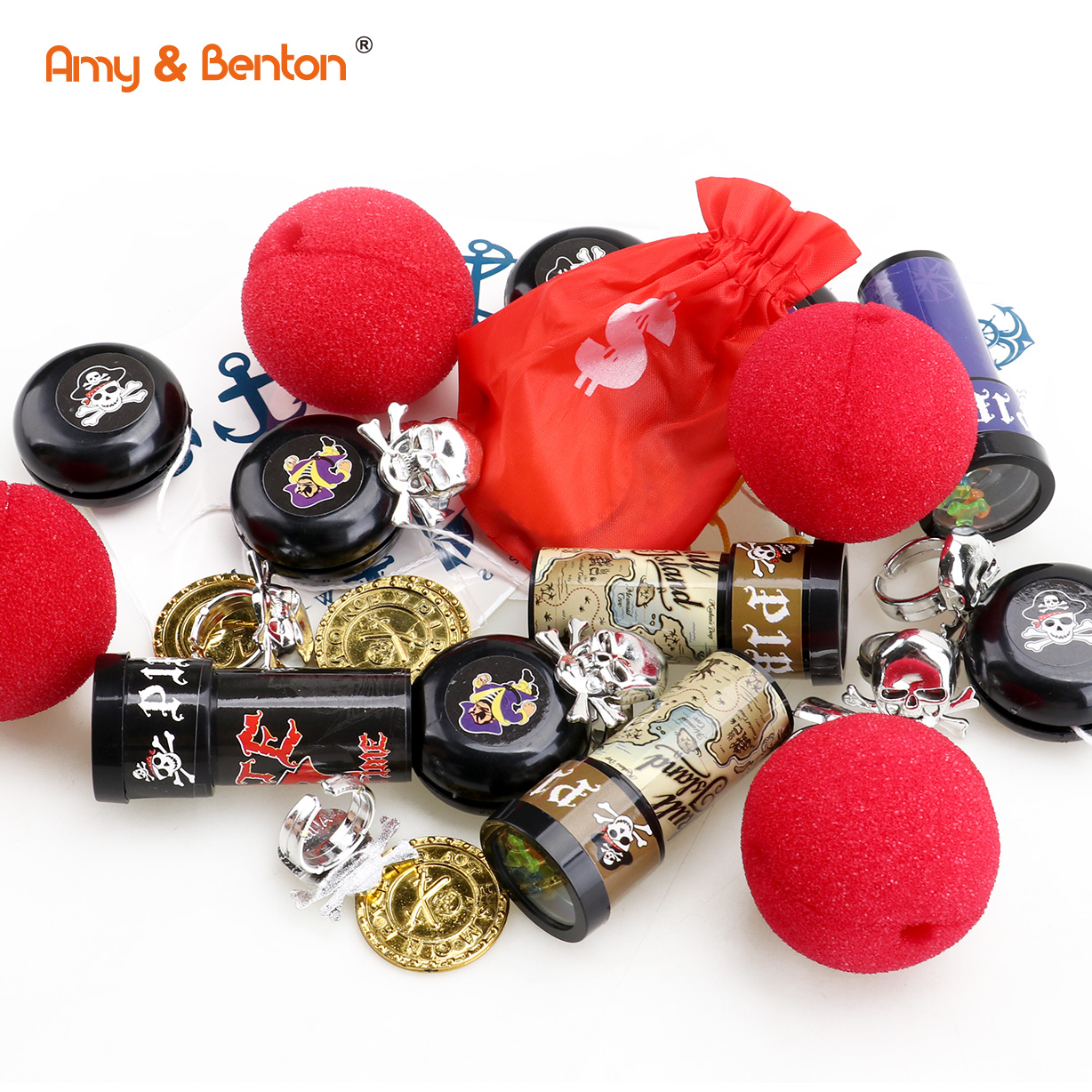 Yo-Yo Balls Pirate Theme Party Gifts Favors. <a href='/clown-nose/'>Clown Nose</a> . coins. Tattoo. Rings. Kaleidoscope. for Age 3 +