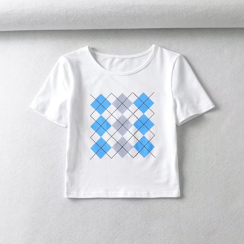 Women Argyle Print Crop T Shirt 