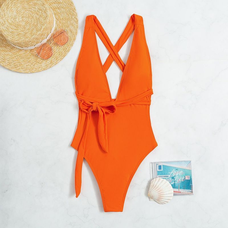 Solid Backless Lace Up Swimwear High Cut Folds One-piece Swimsuit