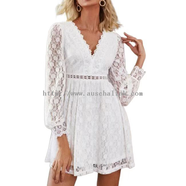 White Lace V-Neck Long Sleeve Elegant <a href='/dress/'>Dress</a>