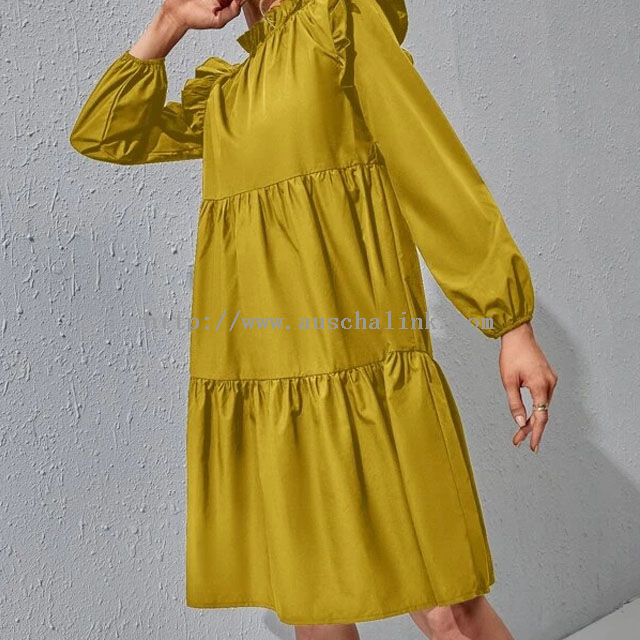 High Quality Flounces Trim Pleated Front Blouse Stand Collar High Waist Casual <a href='/dress/'>Dress</a>