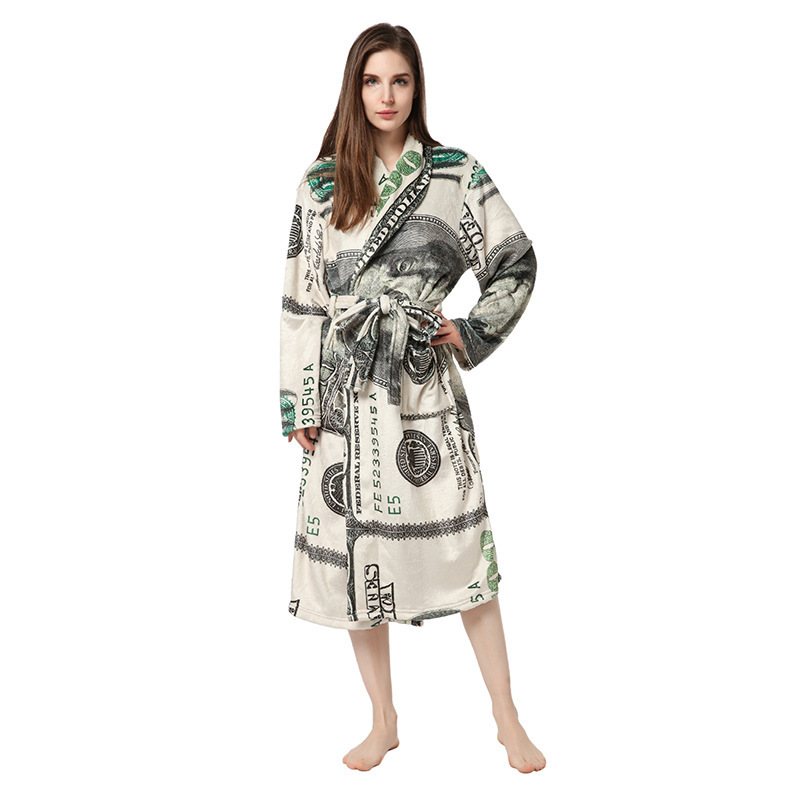 Newly Designed US Dollar Patterned Printed Pajamas and Home Warm Flannel Bathrobe