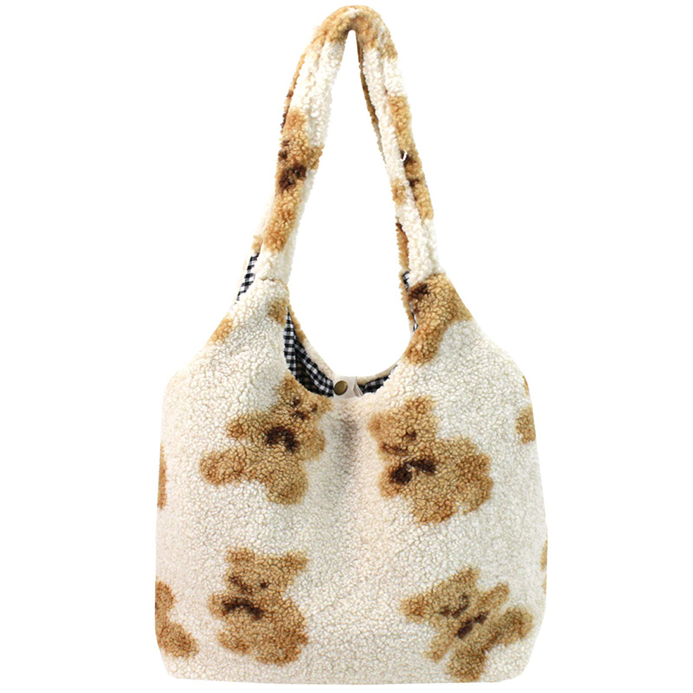 Cute Bear Plush Shoulder Bag Large Tote Handbag Purse Faux Fur