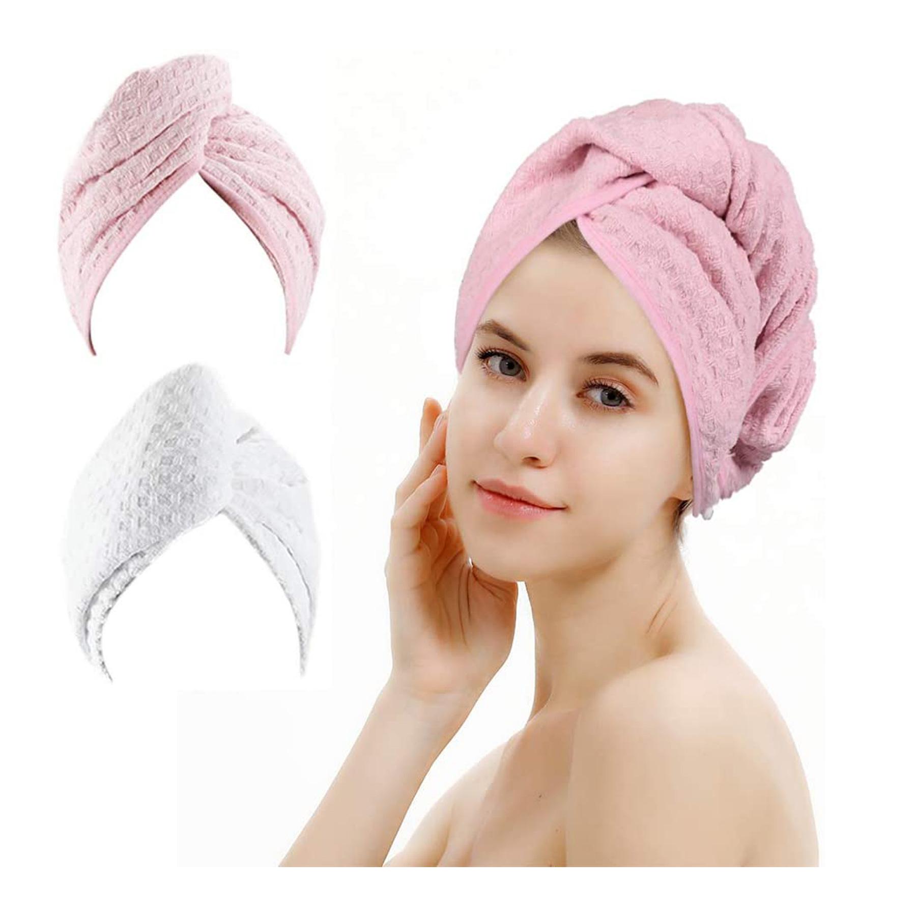 2 Pack Hair Drying Towels, Hair Wrap Towels, Super Absorbent Microfiber Hair Towel Turban with Button Design to Dry Hair Quickly(Coffee& Pink) - Live Free Live Natural