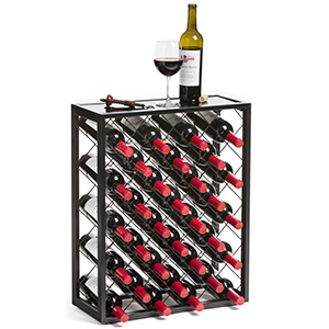 Free Standing Black Metal 32  Bottle Wine Rack with Glass Top Shelf
