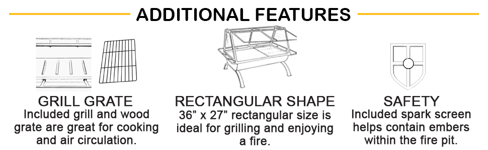 Large outdoor rectangle fire pit bowl steel construction safety spark screen raised wood burning