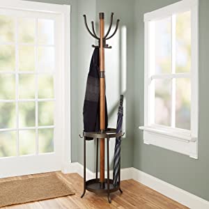 coat rack;metal and wood coat rack;hall tree;foyer storage;black and oak coat rack;storage for coats