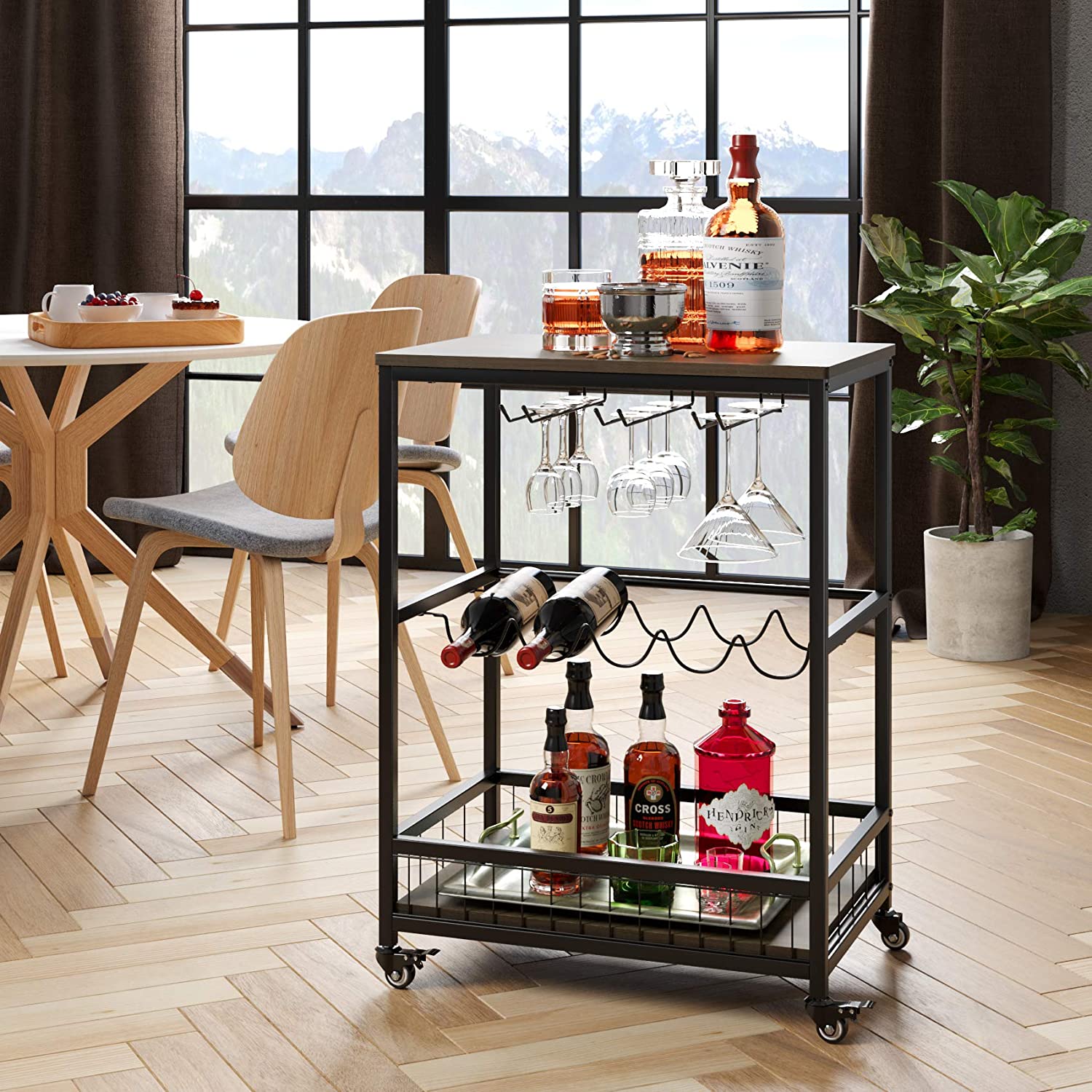 Wine Bar Cart, Simple Modern Beverage Cart with <a href='/wine-rack/'>Wine Rack</a>/Glass Holder, Rolling Serving Cart with Lockable Wheels for Home Kitchen, Wood and Metal Frame, Dark Brown