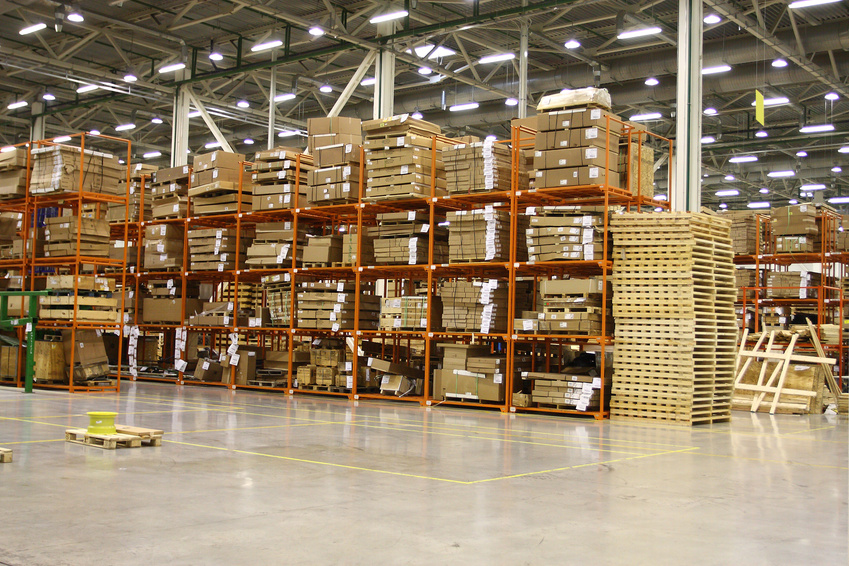 The image of shelves in the warehouse