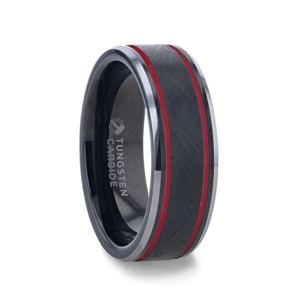 Black Ion-Plated Tungsten Wedding Band w/ Diagonal Grooves