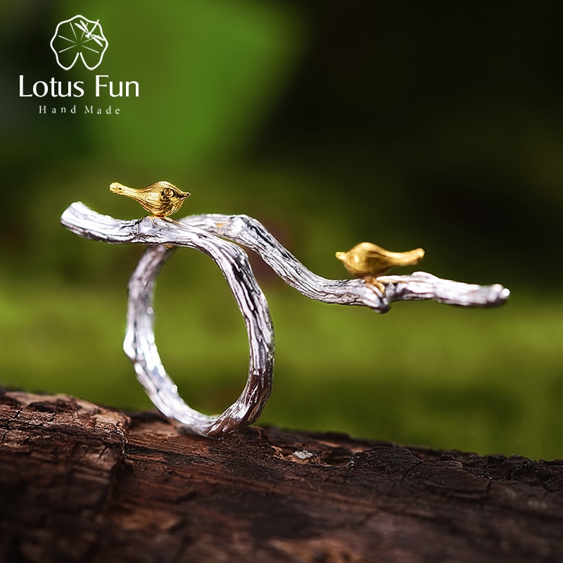 Lotus Fun Real 925 Sterling Silver Original Handmade Fine Jewelry Adjustable Ring 18K Gold Bird on Branch Rings for Women Bijoux  SHOP THE NATION