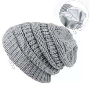 winter knitting knitted silk satin lined beanie hat for women4