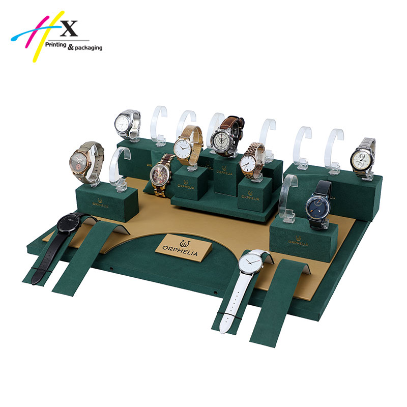 custom green suede wrapping watch display