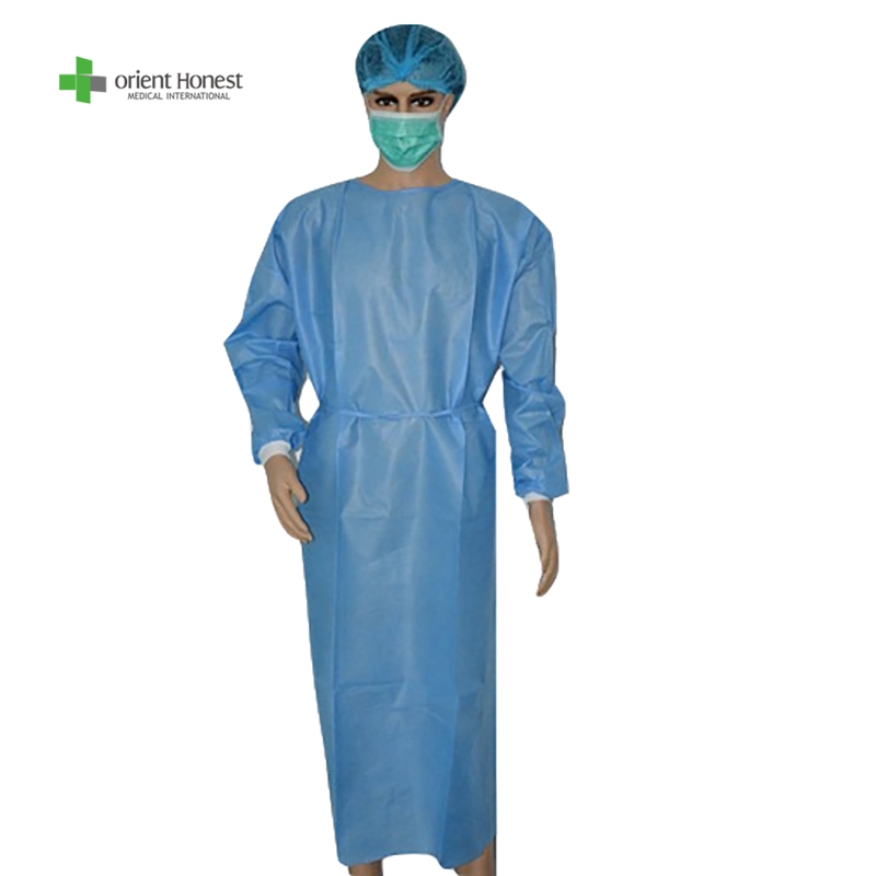 PP Coated PE Film Disposable Surgical Gown Velcro Collar Knitted Cuff 2 Belts