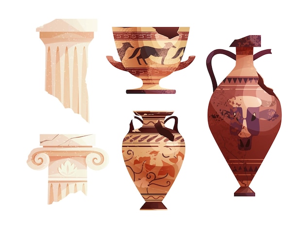 Premium Vector | Broken ancient vases and greek columns ancient roman pillar ceramic archaeological pot