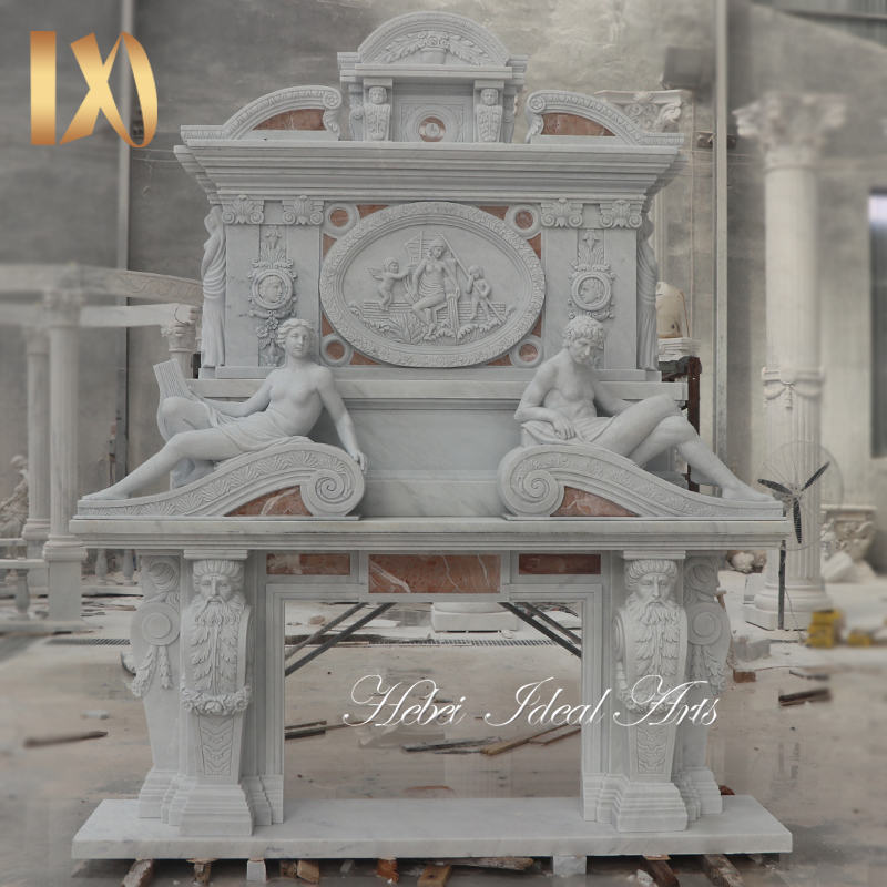 Ideal Arts Modern Handcarved Decorated Double White Marble <a href='/fireplace-design/'>Fireplace Design</a>