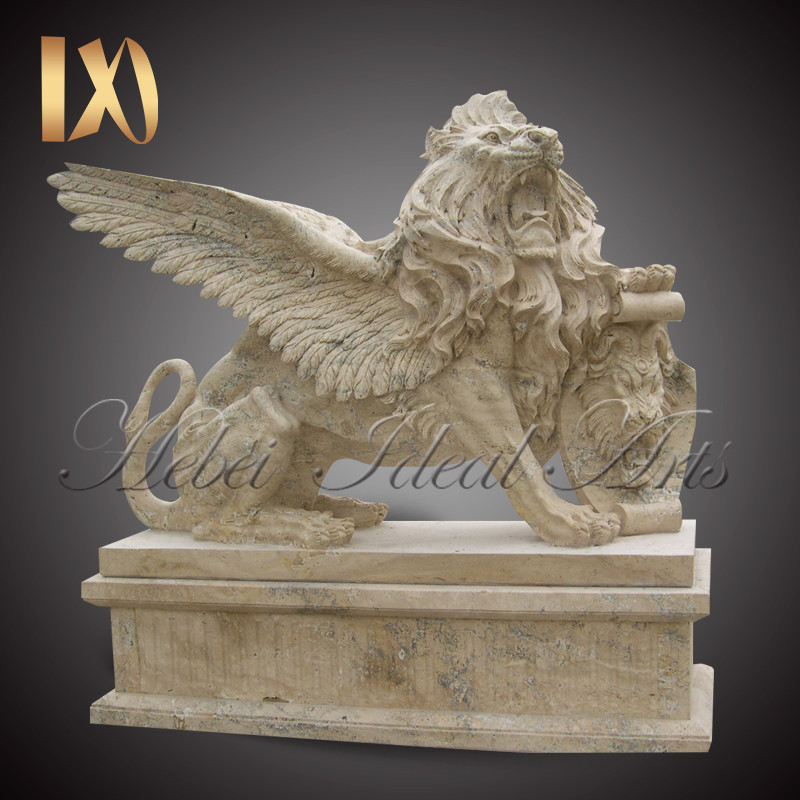 Antique Style White Marble Winged <a href='/lion-statues/'>Lion Statues</a> for Sale