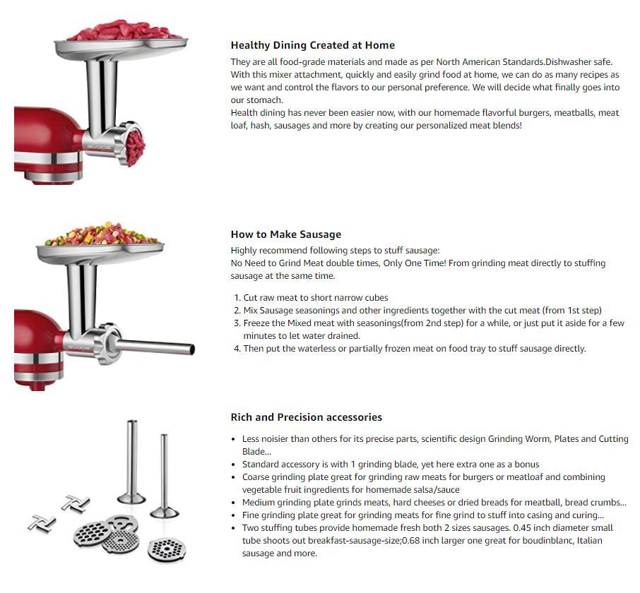 Metal Food Grinder Attachments Compatible with All Kitchen Aid Stand Mixers, Durable Meat Processor Accessories, Sausage Stuffer Attachment, Includes 2 Sausage