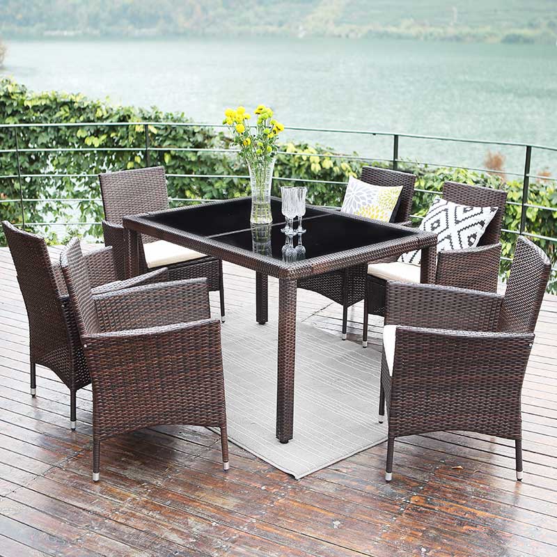 Garden K/D Long dining table and 6 chairs set with 2 pcs black tempered glass furniture 