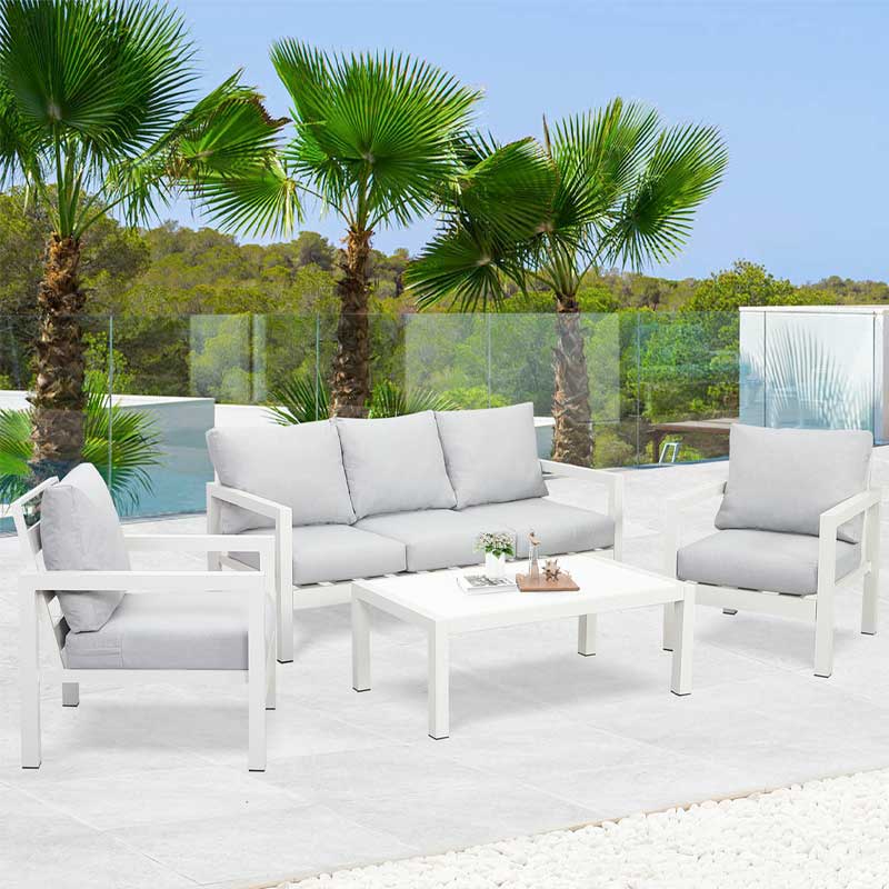 Factory Direct <a href='/outdoor-sofa/'>Outdoor Sofa</a> Set with Inclined Backrest & Powder Coated Aluminum - White Color