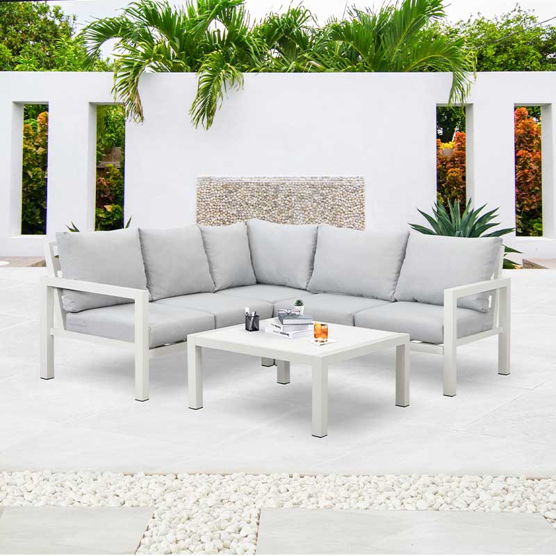 Factory-Made Outdoor <a href='/aluminum-sectional-sofa-set/'>Aluminum <a href='/sectional-sofa/'>Sectional Sofa</a> Set</a>: Inclined Sofa Backrest, White Color, Ideal for Outdoors | Shop Now!