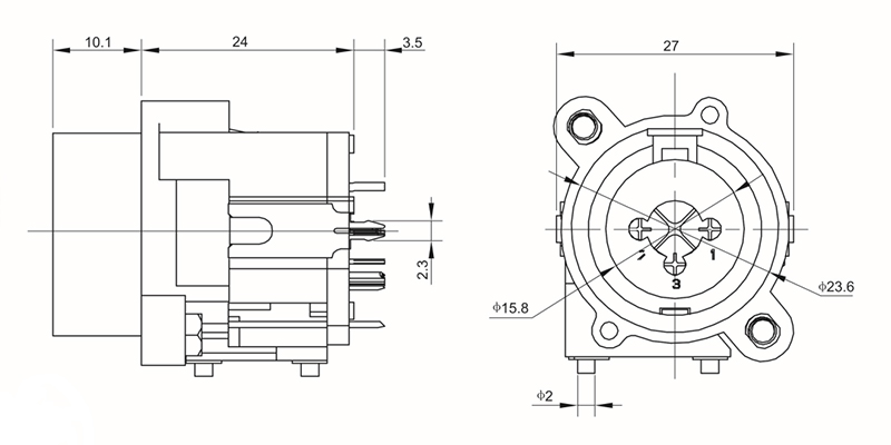 3 Pole XLR Female PCB Mount Socket Combo