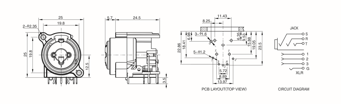 XLR Female 3 Pin Receptacle With 6.35mm Mono Jack Chassis Mount Connector