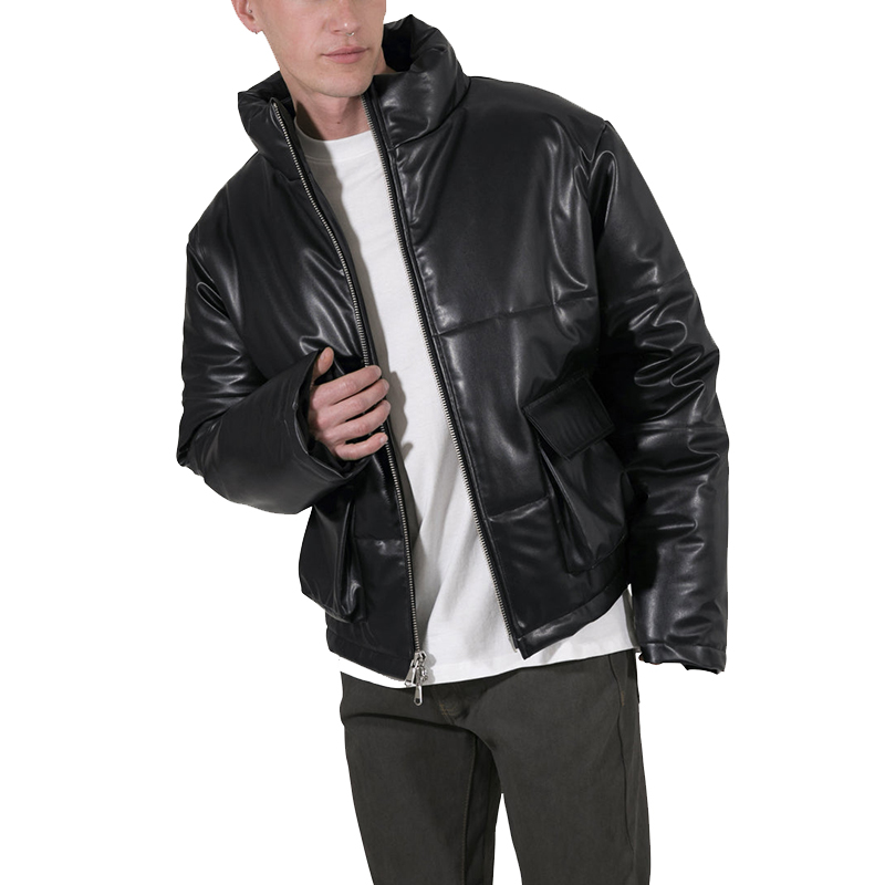 Custom PU Leather Jacket Custom Vintage Puffer Leather Mens Jacket