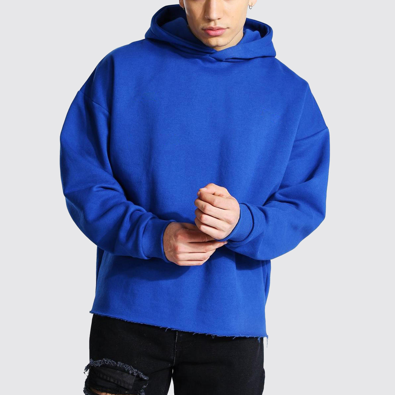 Custom Logo Blank String Cordless 100% Cotton <a href='/french-terry-pullover/'>French Terry Pullover</a> Hoodies Plain No Pocket Cut Edge Custom Raw Hem Hoodie for Men