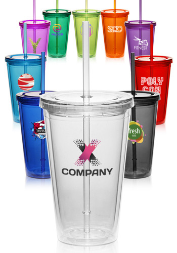 16OZ double wall plastic tumbler with straw transparent straw cup