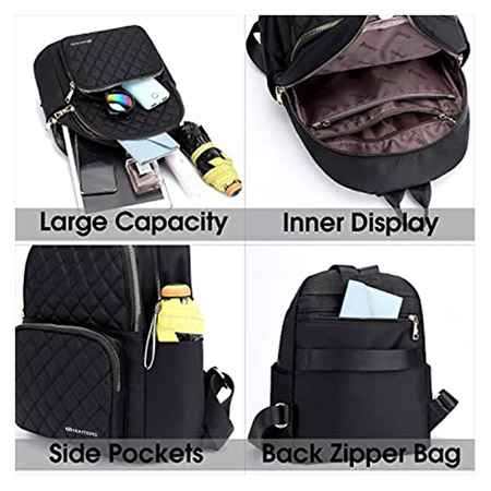 Backpack for Women, Nylon Travel Backpack Purse Black Small School Bag for Girls (Black Quilted) (1)