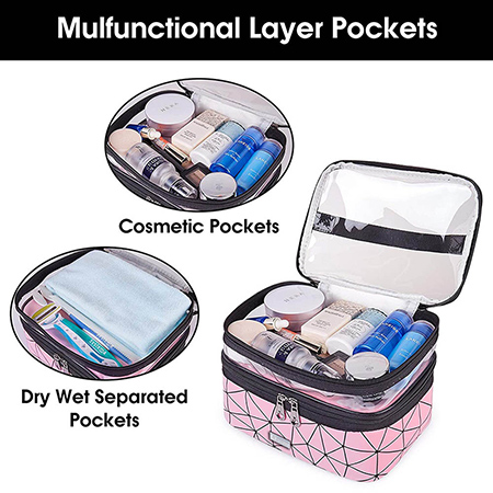 Double Layer Makeup Bag Large Cosmetic bag Clear Travel Cosmetic Case Toiletry Bag Water-resistant for Women Girl-5