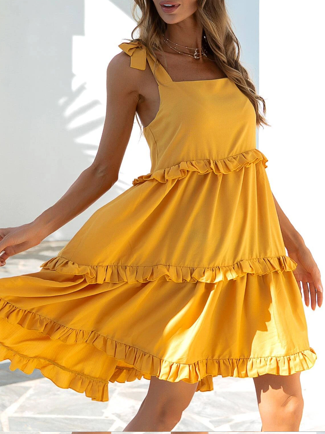 Yellow Ruffle Long Bohemian Beach 100% polyester casual dresses Female Holiday Vintage Elegant Maxi Dress