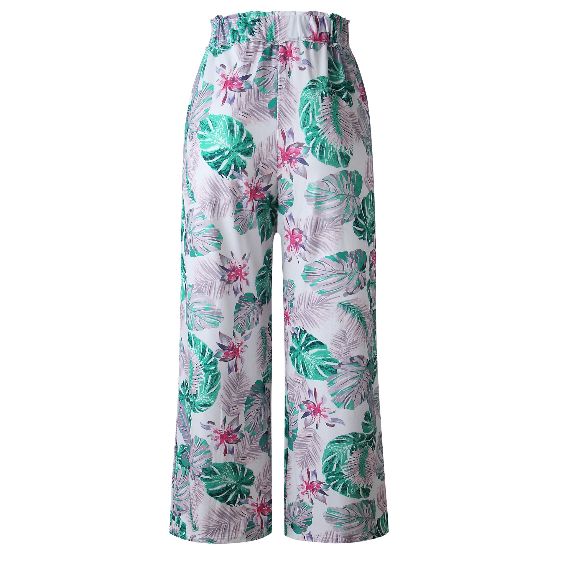 Get Trendy Summer Leaf Printed Pants from Our Factory - Comfortable, Breathable, and Elastic Waist Long Pants Available Now!