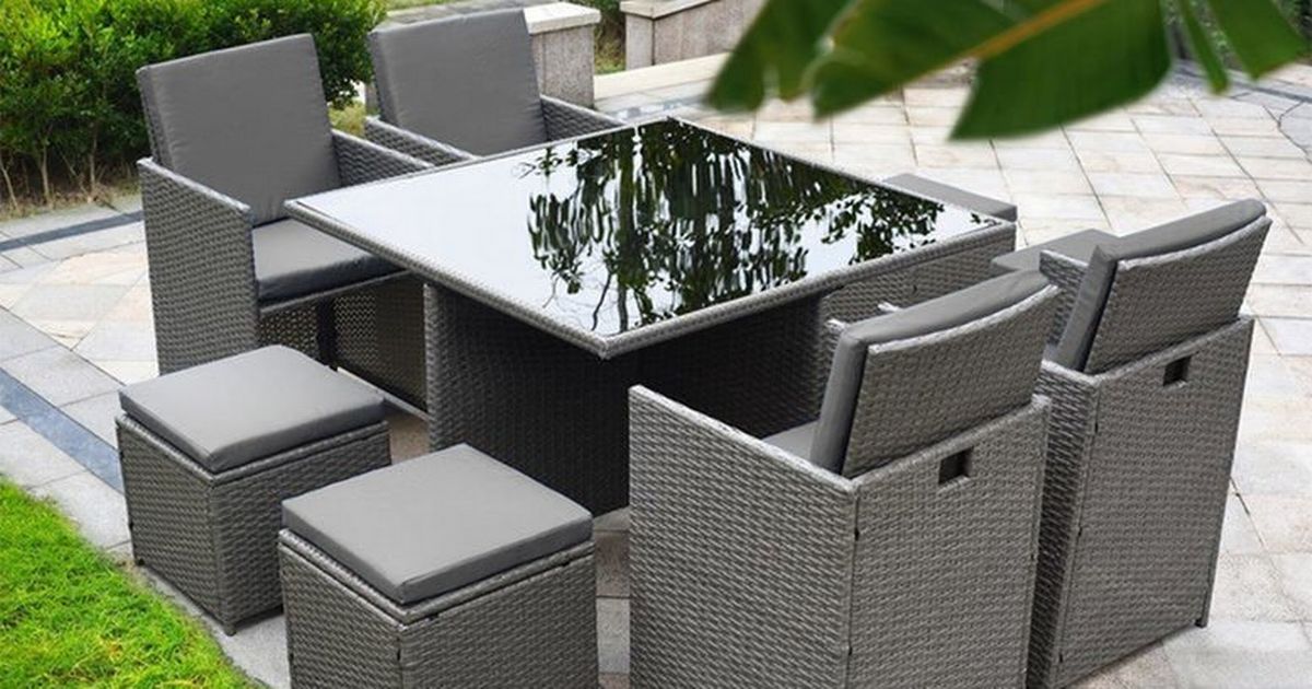 Garden conservatory furniture 8 seater grey cube rattan sofa set dining table