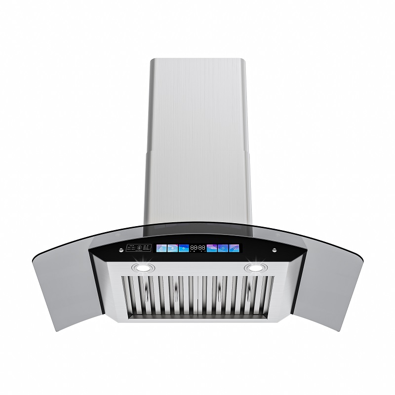 Smart Range Hood Wall Mount Canopy Hood Curved Glass and Stainless Steel Chimney Hood 30-Inch/36-Inch Convertible Ducted or Ventless