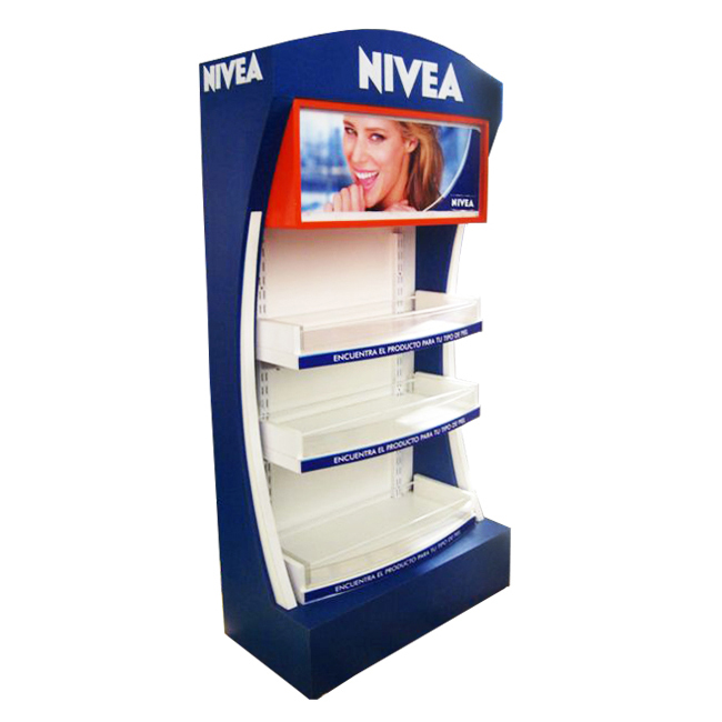 Factory Direct CM001 NIVEA Personal Salon Care Display Shelf - Wood & Metal with Light Box for Retail Shampoo & Body Wash Sales.