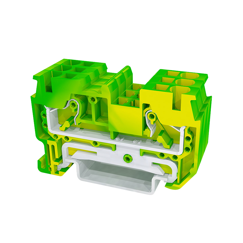 JUT14-4PE High quality China Manufacturer Green and Yellow Color Screwless Wire To Wire  small Current Push In <a href='/ground-terminal-block/'>Ground Terminal Block</a> Grounding Din Rail <a href='/pluggable-terminal/'>Pluggable Terminal</a> Blocks