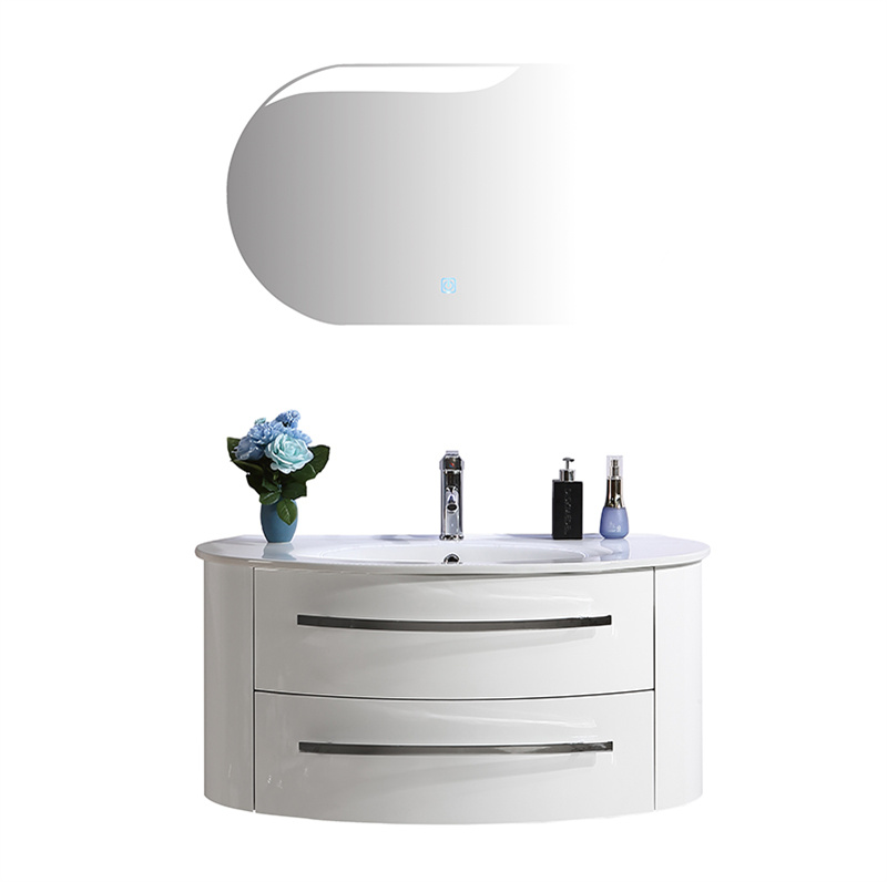 White Curved Modern PVC Bathroom Cabinet Acrylic Basin And Mirror