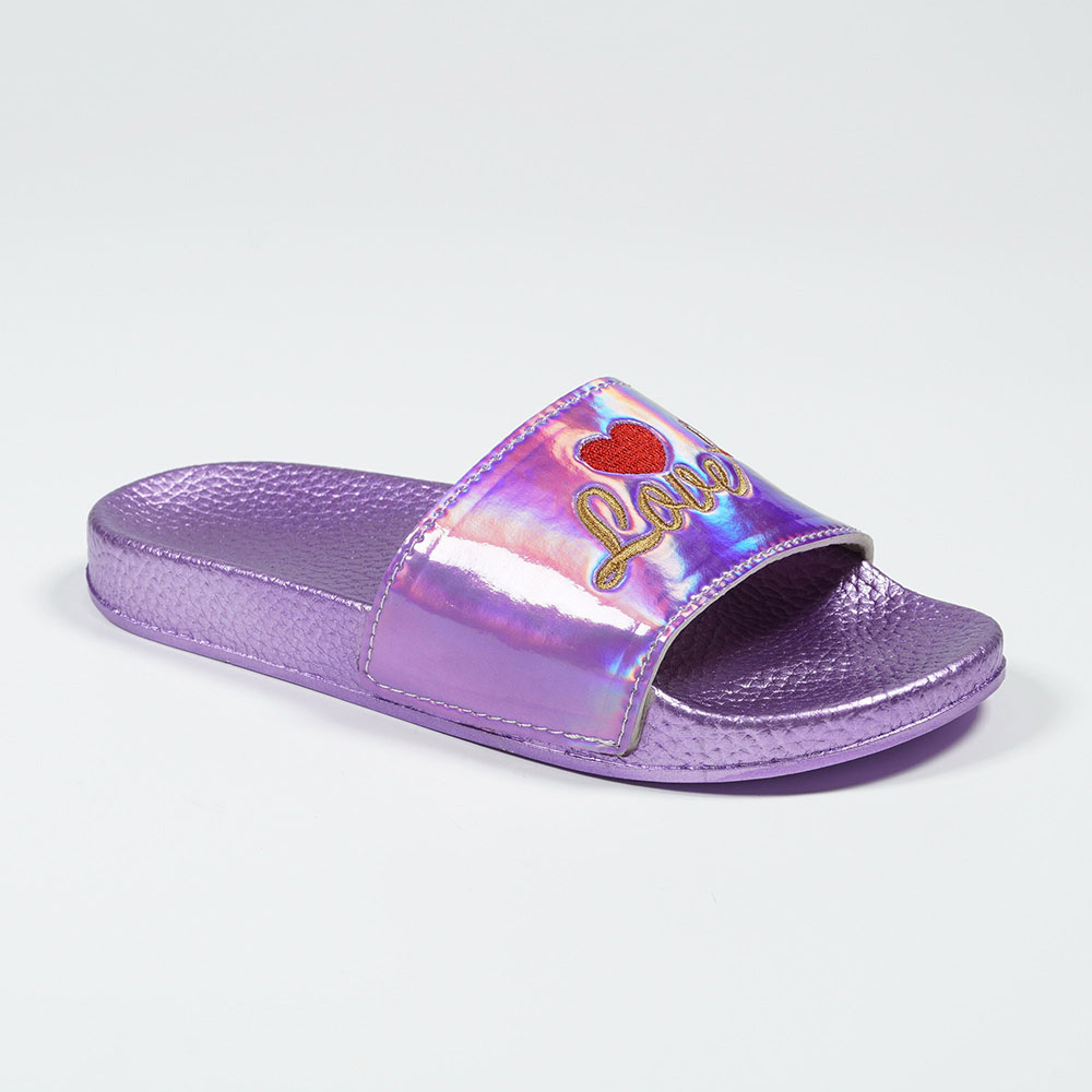 Girls-Holographic-Rose-Gold-Love-Embroidered-Waterproof-Slippers-NMD8010G-3-purple